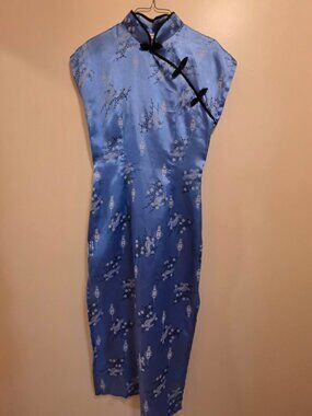 K & K Oriental Blue Silk Floral Dress with Slip Up the Side M